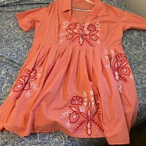 eShakti Floral Embellished Orange Gingham Dress-Size 30W-4X